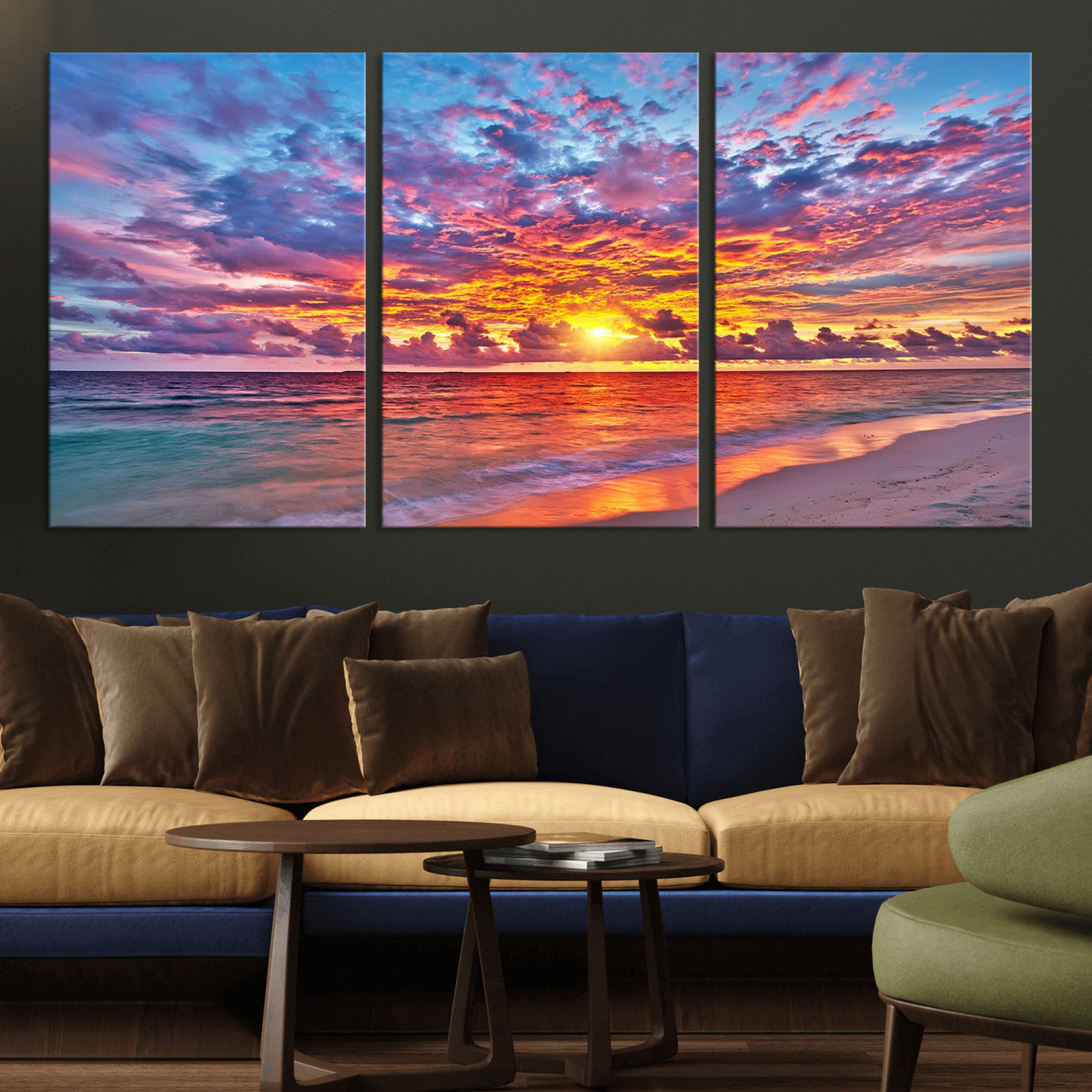72836-MGV-CV-36X24-Fiery Sunset Beach Wall Art – Panoramic Vibrant Ocean Canvas Print, Dramatic Coastal Decor for Living Room, Bedroom or Office