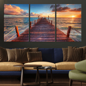 28836-MGV-CV-36X24-Ocean Pier Sunset Wall Art – Wooden Dock and Golden Horizon Canvas Print, Coastal Seascape Photography for Living Room, Bedroom,