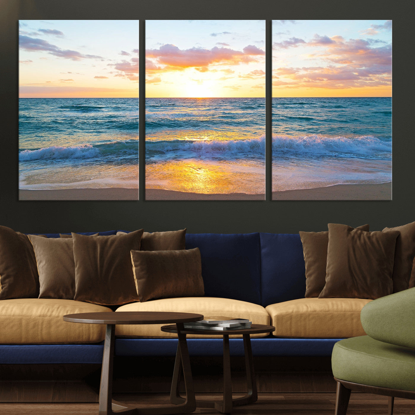 78006-MGV-CV-36X24-Golden Sunrise Ocean Wall Art – Panoramic Beach Waves Canvas Print, Coastal Seascape Artwork for Living Room, Bedroom, Office, or