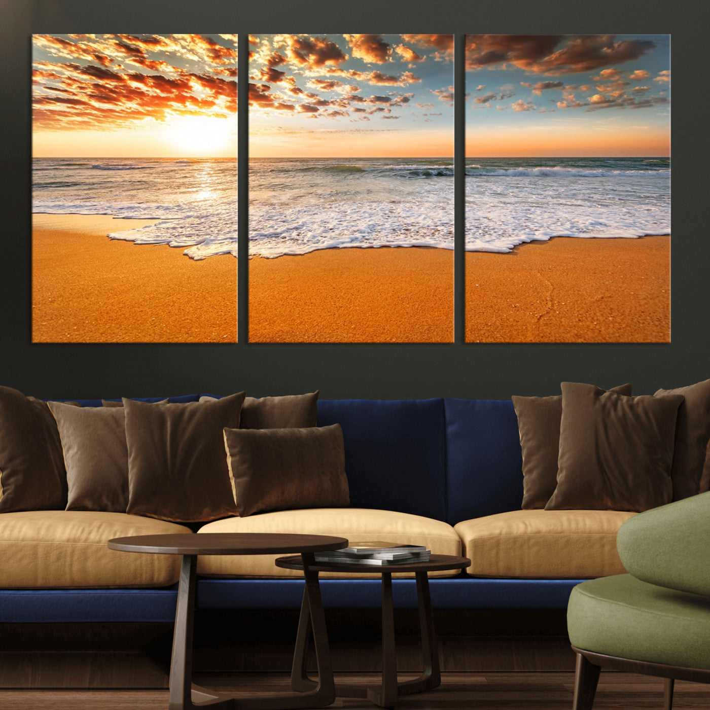 15399-MGV-CV-36X24-Golden Sunrise Beach Wall Art – Ocean Waves on Sandy Shore Canvas Print, Coastal Seascape Decor for Living Room or Bedroom