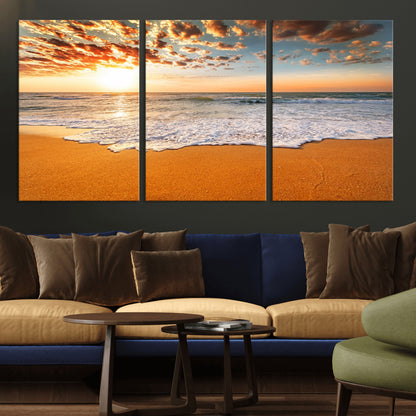 15399-MGV-CV-36X24-Golden Sunrise Beach Wall Art – Ocean Waves on Sandy Shore Canvas Print, Coastal Seascape Decor for Living Room or Bedroom