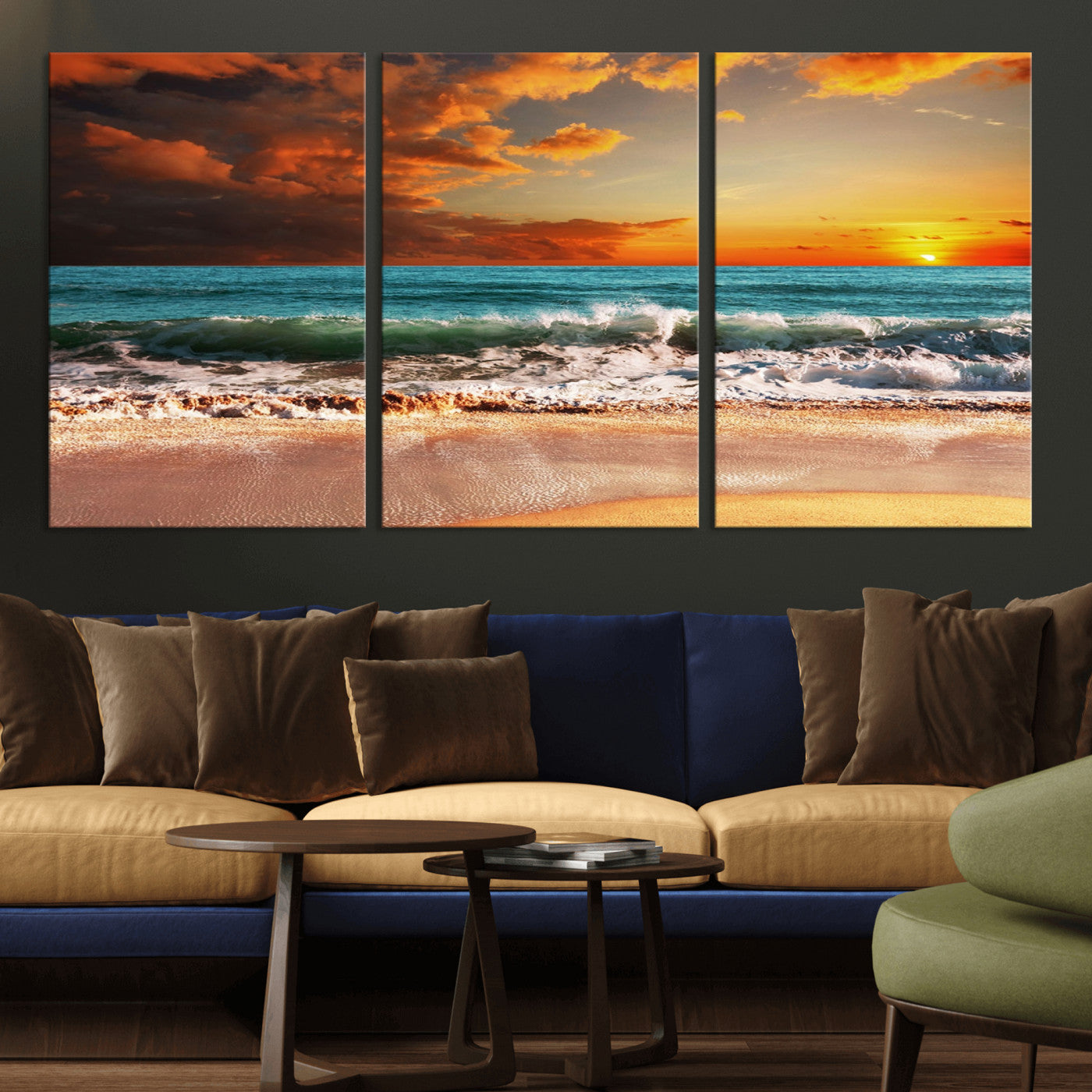 72948-MGV-CV-36X24-Ocean Sunset Wave Wall Art – Dramatic Seascape Canvas Print with Golden Sky and Crashing Waves, Coastal Beach Decor for Living