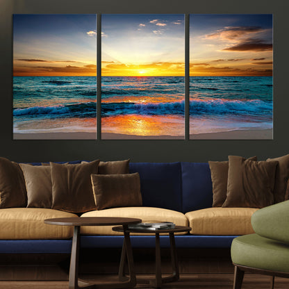 50627-MGV-CV-36X24-Ocean Sunset Wall Art – Serene Beach Canvas Print with Waves and Golden Sky, Coastal Decor for Living Room or Office