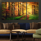 73494-MGV-CV-36X24-Golden Autumn Forest Path Wall Art – Sunlit Woodland Canvas Print, Fall Nature Landscape Home Decoration