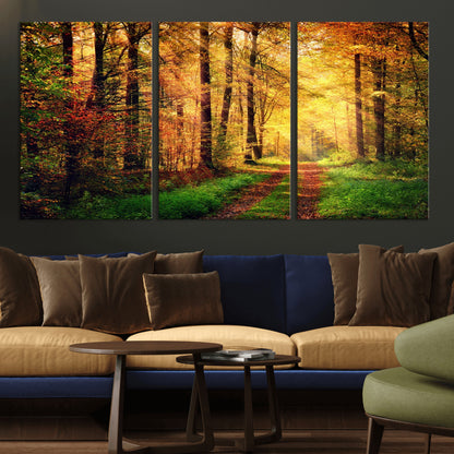 73494-MGV-CV-36X24-Golden Autumn Forest Path Wall Art – Sunlit Woodland Canvas Print, Fall Nature Landscape Home Decoration