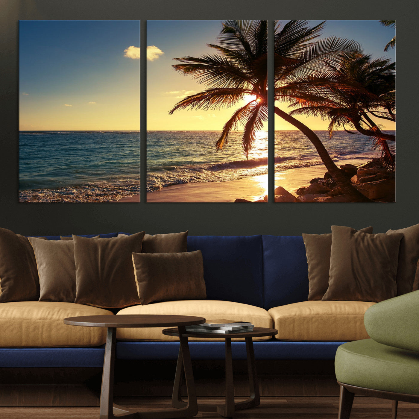 82710-MGV-CV-36X24-Palm Tree Sunset Beach Wall Art – Tropical Ocean Canvas Print, Coastal Paradise Seascape Decor for Living Room or Office Wall