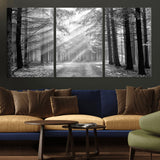 39665-MGV-CV-36X24-Black and White Forest Path Wall Art – Sunlight Rays in Trees Canvas Print, Nature Landscape Decor for Living Room or Office