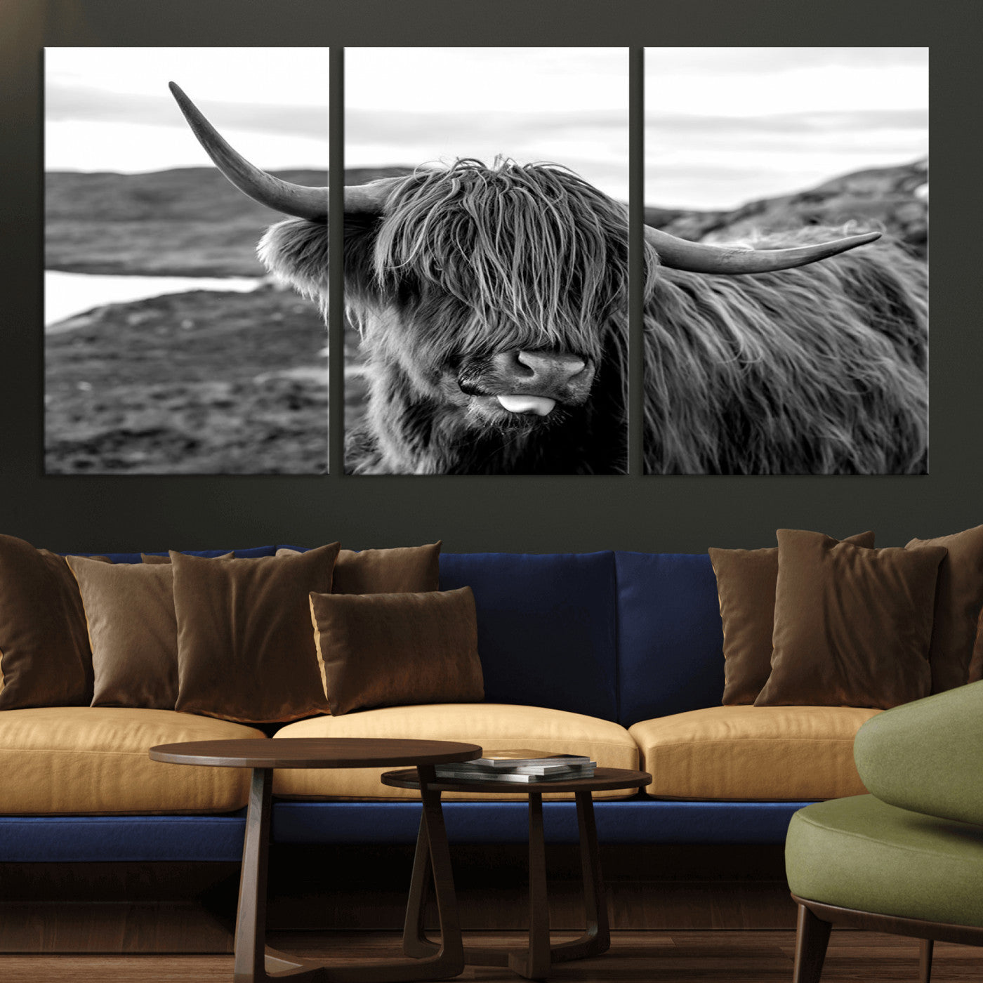 83810-MGV-CV-36X24-Highland Cow Wall Art – Black and White Highland Cattle Print, Rustic Farmhouse Animal Decor for Living Room