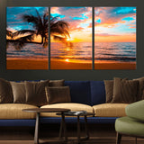 34674-MGV-CV-36X24-Tropical Sunset Beach Wall Art – Palm Tree Ocean Canvas Print, Coastal Seascape Decor for Living Room or Office Wall