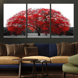 80021-MGV-CV-36X24-Red Tree Wall Art – Striking Black and White Landscape Canvas Print with Vibrant Red Leaves, Modern Nature Decor for Living Room