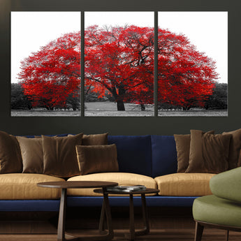 80021-MGV-CV-36X24-Red Tree Wall Art – Striking Black and White Landscape Canvas Print with Vibrant Red Leaves, Modern Nature Decor for Living Room