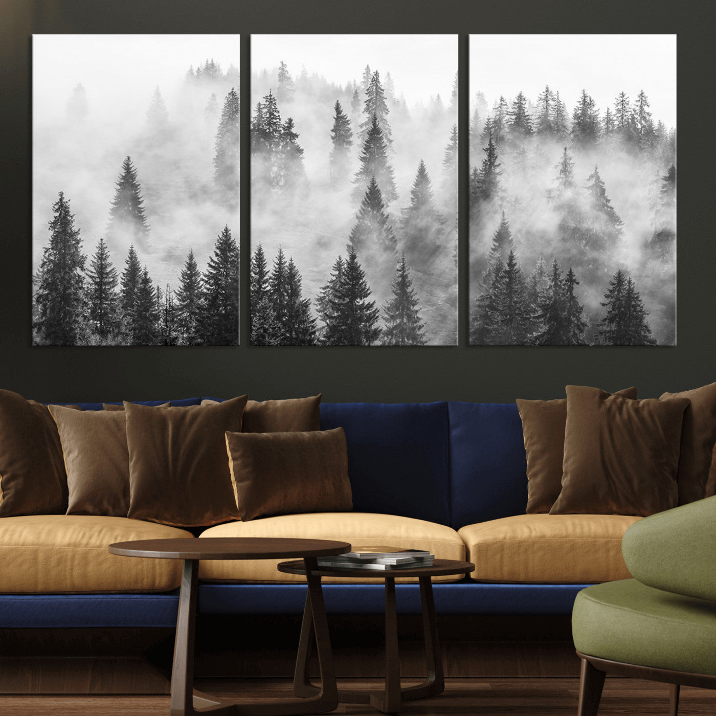 10422-MGV-CV-36X24-Misty Pine Forest Wall Art – Black and White Foggy Landscape Canvas Print, Serene Nature Woodland Decor for Bedroom, Office or