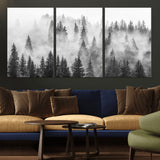10422-MGV-CV-36X24-Misty Pine Forest Wall Art – Black and White Foggy Landscape Canvas Print, Serene Nature Woodland Decor for Bedroom, Office or