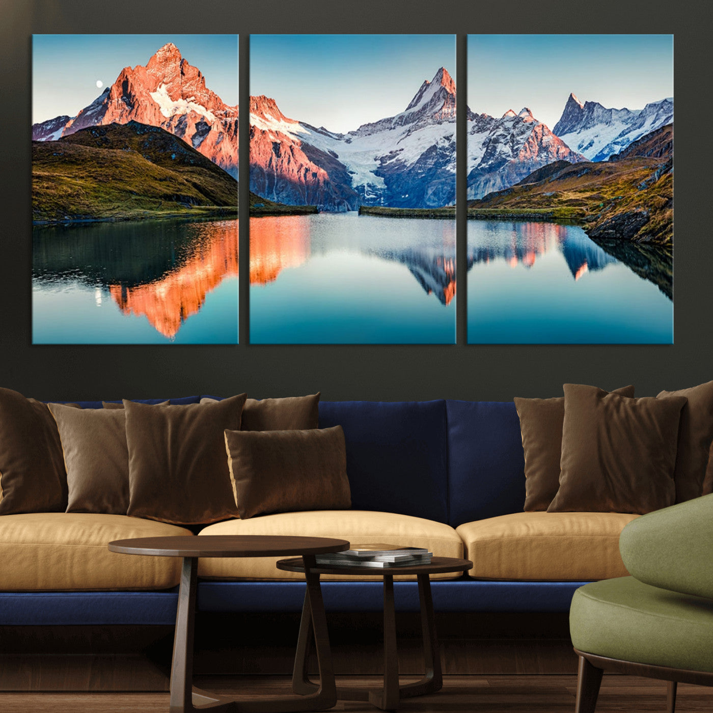 88453-MGV-CV-36X24-Mountain Lake Wall Art – Snow-Capped Peaks Reflected in Alpine Water Canvas Print, Nature Landscape Wall Decor for Living Room or