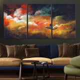 45085-MGV-CV-36X24-Surreal Cosmic Wall Art – Abstract Galaxy Dreamscape Canvas Print with Man and Dog in Boat, Fantasy Nebula Painting for Living