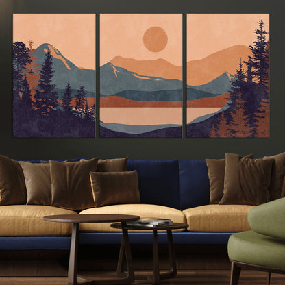 62795-MGV-CV-36X24-Minimalist Mountain Landscape Wall Art – Abstract Sunset Over Peaks and Pine Trees Canvas Print, Modern Nature Decor for Living