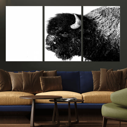 68780-MGV-CV-36X24-Bison Close-Up Wall Art – Black and White Buffalo Canvas Print, Rustic Wildlife Photography Decor for Living Room, Office, or