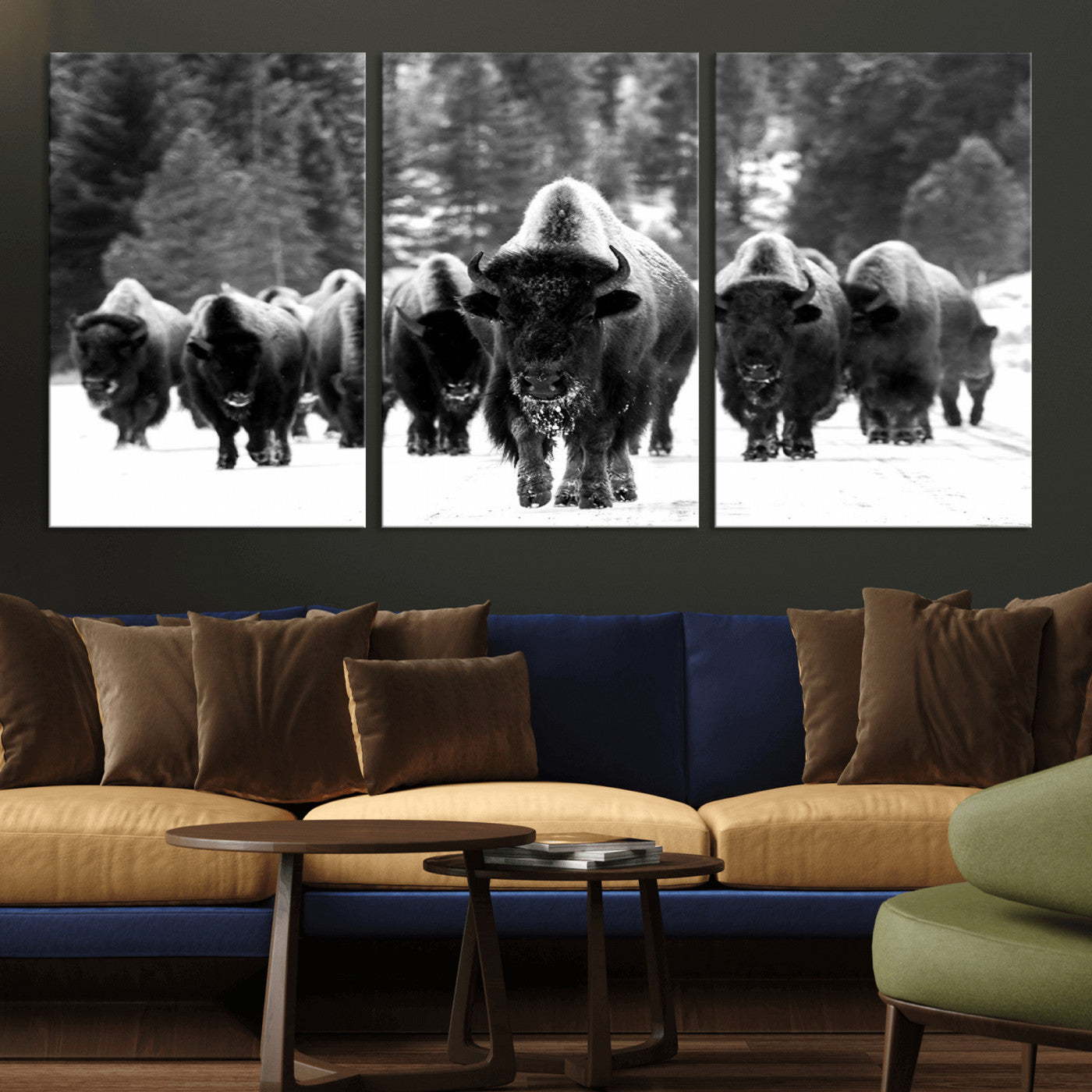 62434-MGV-CV-36X24-Bison Herd Wall Art – Majestic Black and White Buffalo Canvas Print, Wildlife Nature Photography Decor for Living Room, Office or