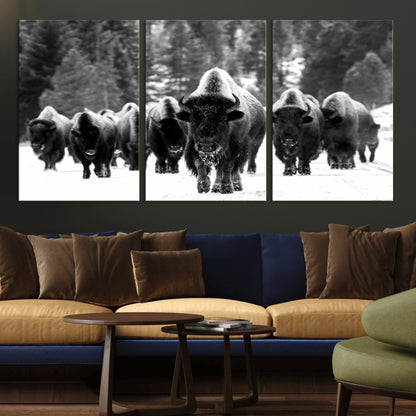 62434-MGV-CV-36X24-Bison Herd Wall Art – Majestic Black and White Buffalo Canvas Print, Wildlife Nature Photography Decor for Living Room, Office or