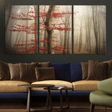 61855-MGV-CV-36X24-Misty Forest Wall Art – Red Tree with Autumn Leaves Canvas Print, Moody Woodland Nature Decor for Living Room, Bedroom, or Office