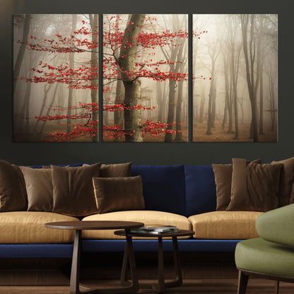 61855-MGV-CV-36X24-Misty Forest Wall Art – Red Tree with Autumn Leaves Canvas Print, Moody Woodland Nature Decor for Living Room, Bedroom, or Office