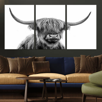 10123-MGV-CV-36X24-Black and White Highland Cow Wall Art – Modern Farmhouse Animal Print, Rustic Scottish Bull Canvas Decor for Living Room, Bedroom,