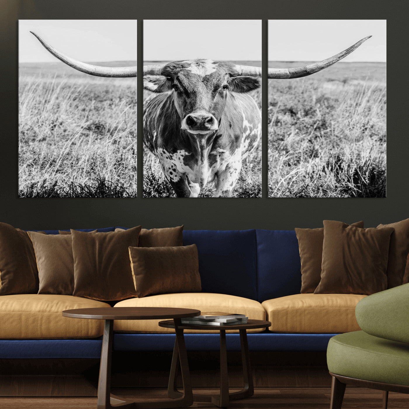 77320-MGV-CV-36X24-Texas Longhorn Wall Art – Black and White Western Cattle Canvas Print, Rustic Farmhouse Animal Photography Decor for Living Room,