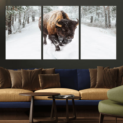 10109-MGV-CV-36X24-Majestic Bison Winter Wall Art – Snowy Forest Buffalo Canvas Print, Rustic Wildlife Photography Decor for Cabin, Lodge, Living