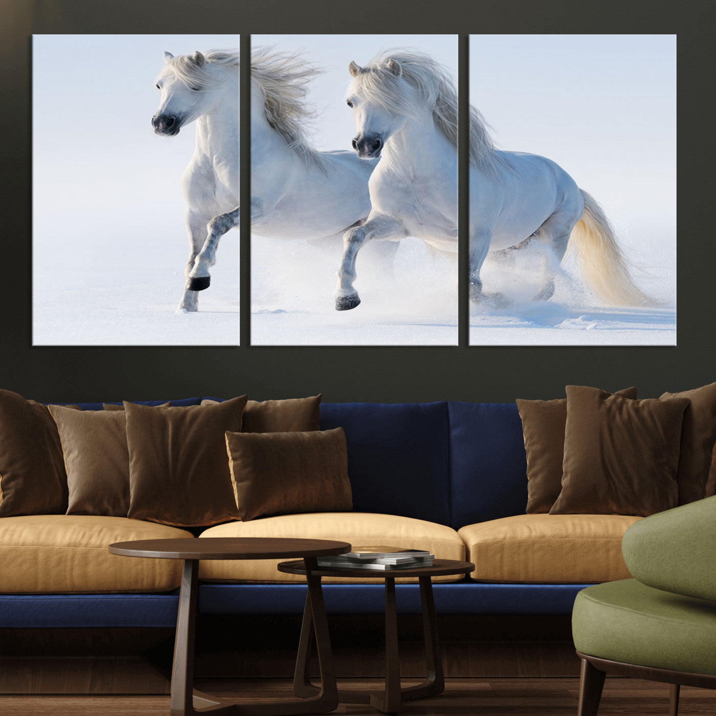 80145-MGV-CV-36X24-White Horses Running Snow Wall Art – Majestic Equine Canvas Print, Winter Nature Photography Decor for Living Room, Office,