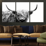 51957-MGV-CV-36X24-Highland Cow Wall Art – Black and White Scottish Highland Bull Canvas Print, Rustic Farmhouse Animal Decor for Living Room,