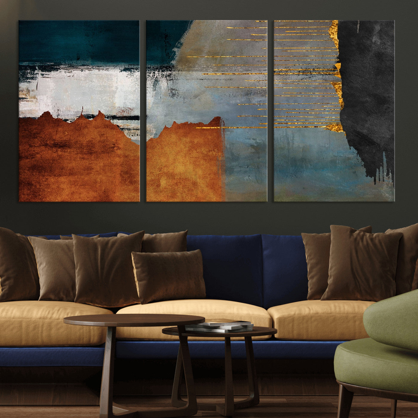 35026-MGV-CV-36X24-Abstract Canvas Wall Art – Modern Teal, Rust, Black and Gold Textured Painting, Contemporary Decor for Living Room, Bedroom or