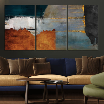 35026-MGV-CV-36X24-Abstract Canvas Wall Art – Modern Teal, Rust, Black and Gold Textured Painting, Contemporary Decor for Living Room, Bedroom