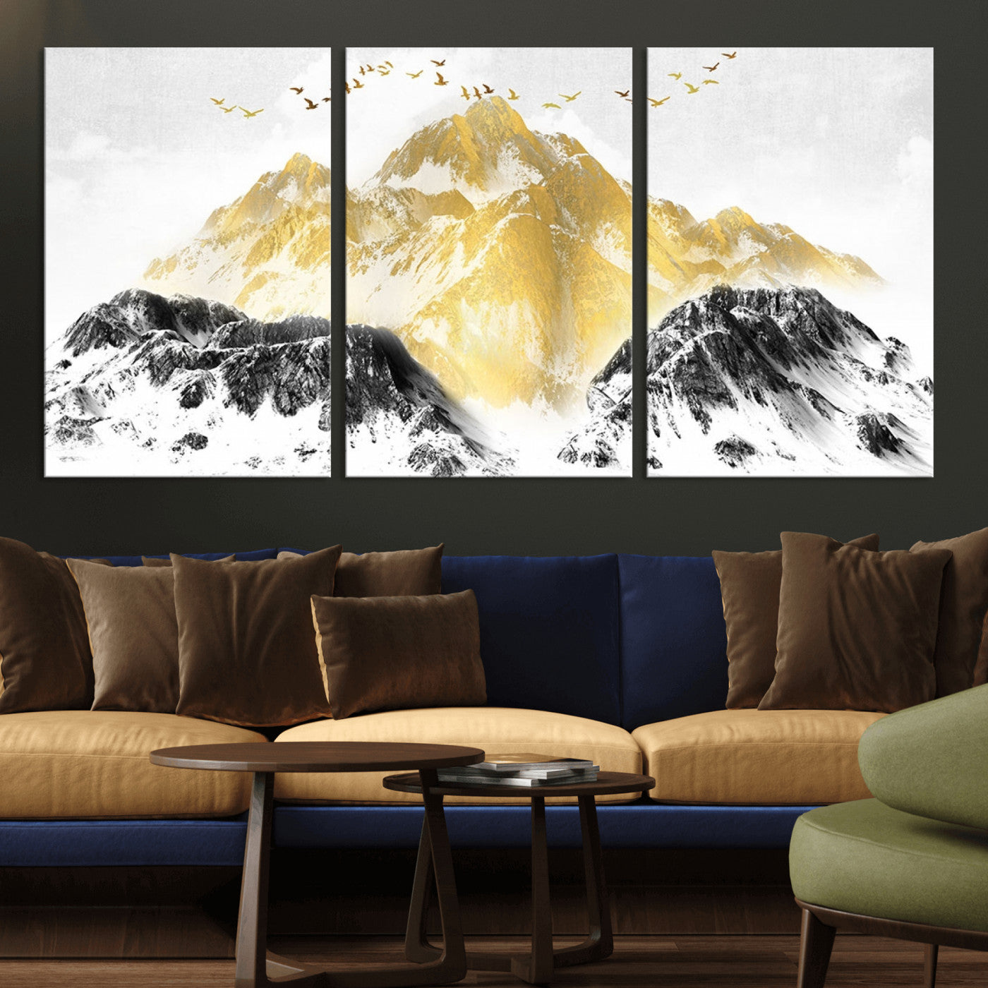 37733-MGV-CV-36X24-Golden Mountain Wall Art – Modern Abstract Landscape Canvas Print with Birds, Luxury Nature Decor for Living Room, Bedroom, or