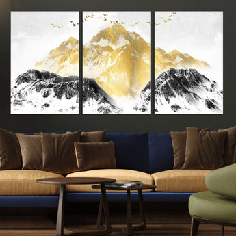 37733-MGV-CV-36X24-Golden Mountain Wall Art – Modern Abstract Landscape Canvas Print with Birds, Luxury Nature Decor for Living Room, Bedroom, or