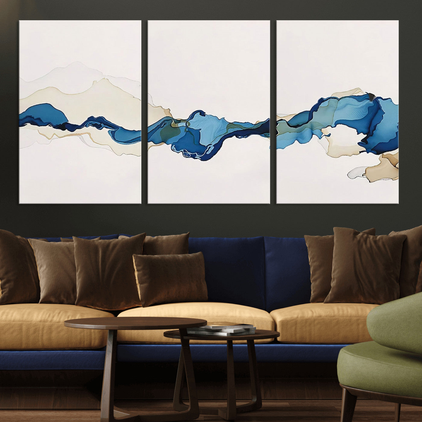 95528-MGV-CV-60X30-3P-Abstract Blue Wave Wall Art – Modern Ocean Inspired Canvas Print, Minimalist Fluid Painting for Living Room, Bedroom or Office