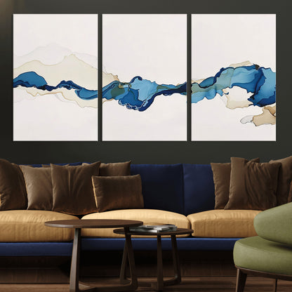 95528-MGV-CV-60X30-3P-Abstract Blue Wave Wall Art – Modern Ocean Inspired Canvas Print, Minimalist Fluid Painting for Living Room, Bedroom or Office