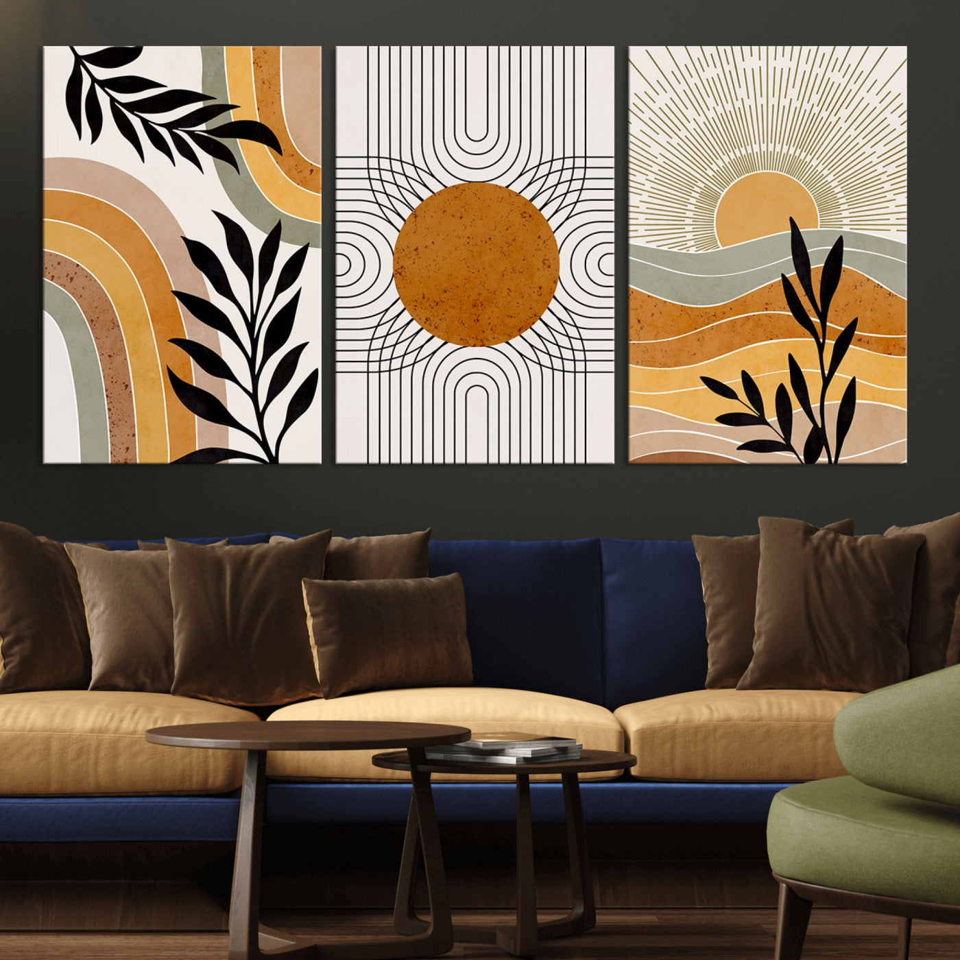 44668-MGV-CV-60X30-3P-Mid Century Modern Wall Art – Abstract Sun and Rainbow Canvas Print, Minimalist Geometric Boho Decor for Living Room, Bedroom or