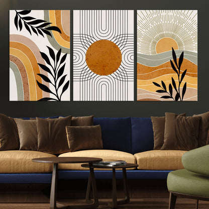 44668-MGV-CV-60X30-3P-Mid Century Modern Wall Art – Abstract Sun and Rainbow Canvas Print, Minimalist Geometric Boho Decor for Living Room, Bedroom or