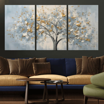 65811-MGV-CV-36X24-Abstract Tree Wall Art – Textured Canvas Painting with Gold and White Leaves, Modern Nature Inspired Decor for Living Room or