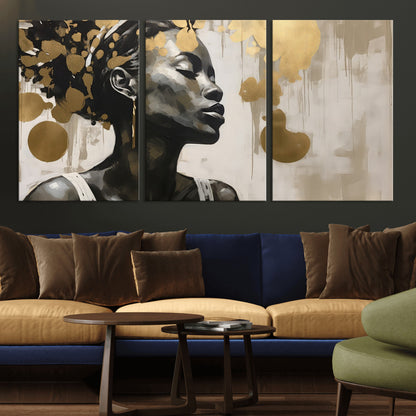 65669-MGV-CV-36X24-Elegant Black Woman Wall Art – Modern Abstract Portrait Canvas with Gold Accents, Contemporary Afrocentric Decor for Living Room