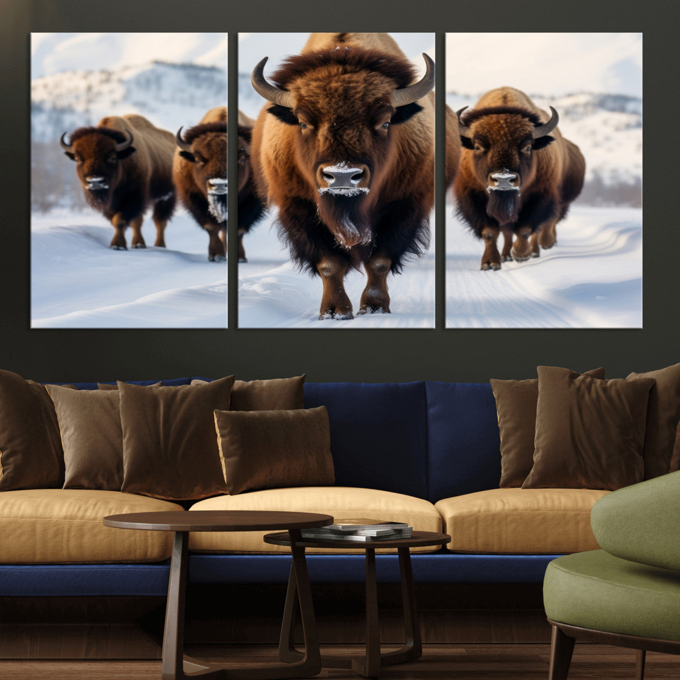 56701-MGV-CV-36X24-Bison Herd Wall Art – Buffalo Walking in Snowy Mountains Canvas Print, Rustic Wildlife Decor for Cabin, Lodge, or Living Room