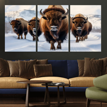 56701-MGV-CV-36X24-Bison Herd Wall Art – Buffalo Walking in Snowy Mountains Canvas Print, Rustic Wildlife Decor for Cabin, Lodge, or Living Room