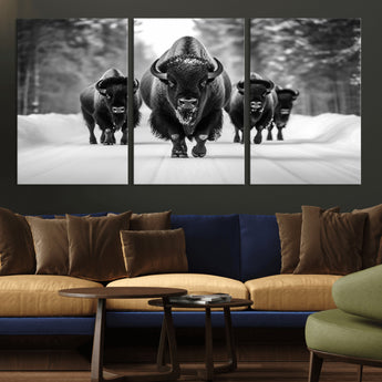 45287-MGV-CV-36X24-Bison Herd Wall Art – Black and White Buffalo Snow Road Canvas Print, Rustic Wildlife Decor for Cabin, Lodge or Living Room