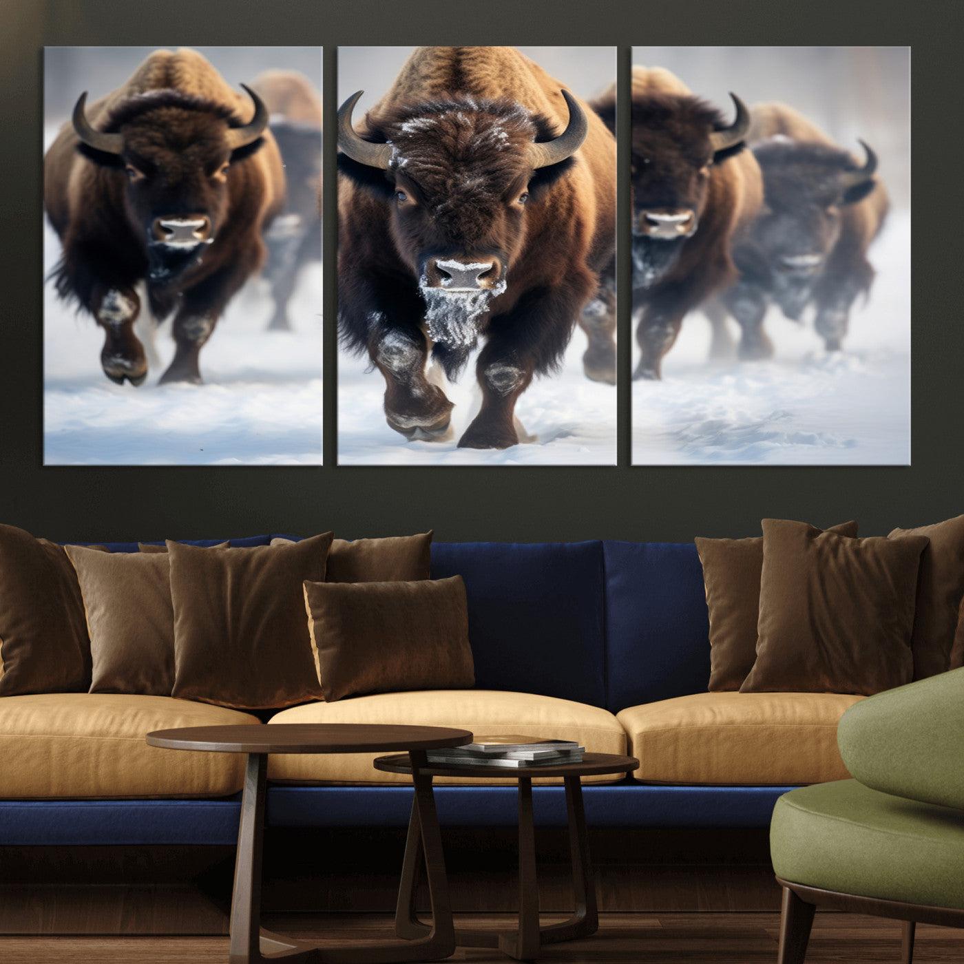 80512-MGV-CV-36X24-Bison Herd Wall Art – Buffalo Running in Snow Canvas Print, Rustic Wildlife Photography Decor for Cabin, Lodge, or Living Room