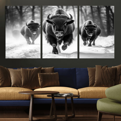 97552-MGV-CV-36X24-Black and White Bison Wall Art – Buffalo Herd Running in Snow Canvas Print, Rustic Wildlife Photography Decor for Cabin, Lodge, or