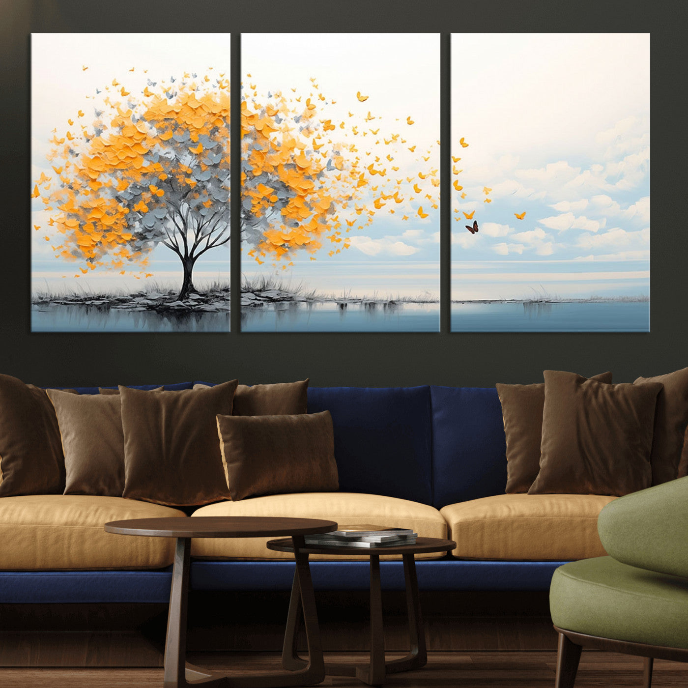 23385-MGV-CV-36X24-Golden Butterfly Tree Wall Art – Abstract Yellow and Gray Canvas Print, Modern Nature Artwork for Living Room, Bedroom or Office