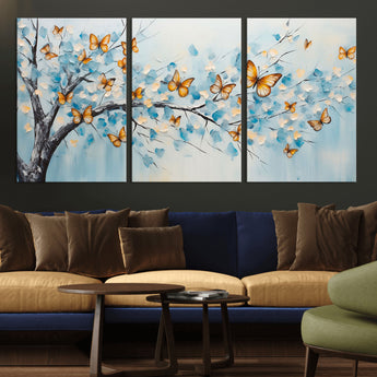59455-MGV-CV-36X24-Butterfly Tree Branch Wall Art – Blue and Yellow Abstract Canvas Print, Modern Nature Artwork for Living Room, Bedroom or Office