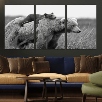 76338-MGV-CV-36X24-Mother Bear and Cub Wall Art – Black and White Wildlife Canvas Print, Rustic Nature Photography for Cabin, Living Room or Office