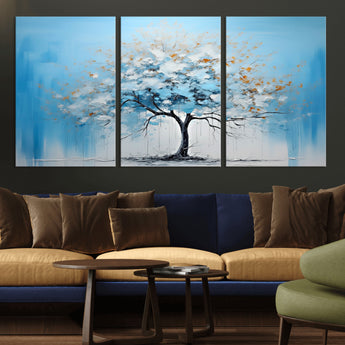 25021-MGV-CV-36X24-Abstract Tree Wall Art – Blue and White Canvas Painting with Gold Accents, Modern Nature-Inspired Artwork for Living Room, Bedroom