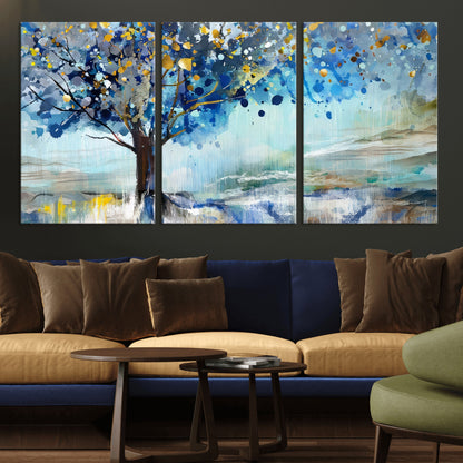 17018-MGV-CV-36X24-Abstract Blue Tree Wall Art – Colorful Canvas Painting with Gold and Silver Accents, Modern Nature Artwork for Living Room,